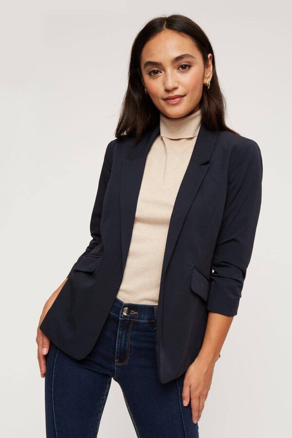 Womens Petite Navy Ruched Sleeve Blazer - 6