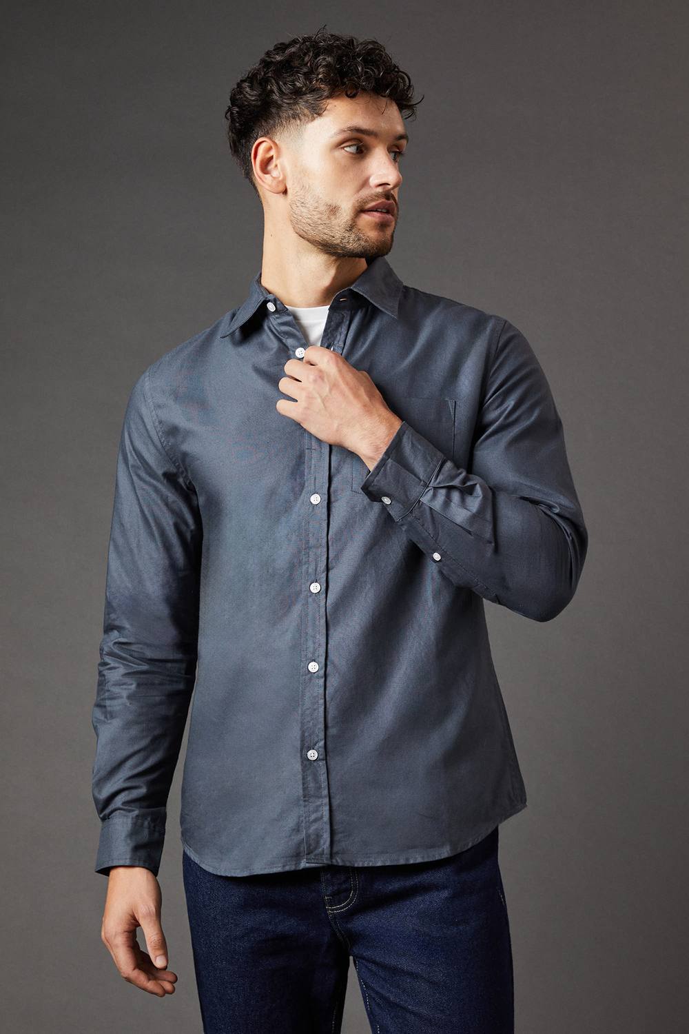 Mens Long Sleeve Chest Pocket Oxford Shirt