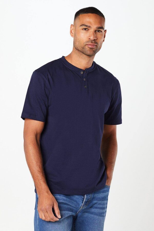 Mens Navy Grandad Neck T-Shirt