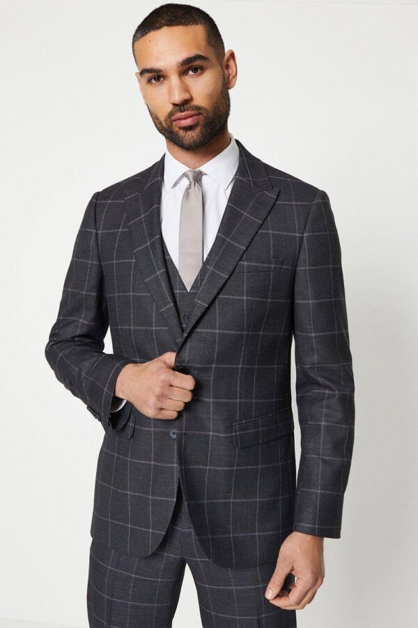 Mens Charcoal Slim Fit Windowpane Check Suit Jacket