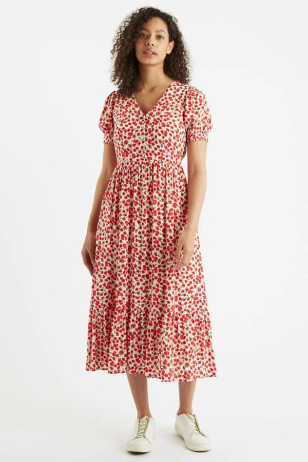 Louche Beatrix Roses Roses Print V Neck Short Sleeve Midi Tiered Dress