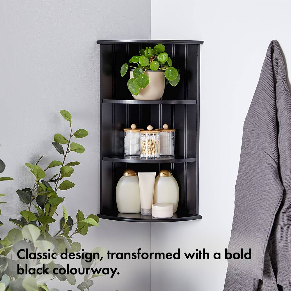 VonHaus Corner Shelf Unit - Black 3 Tier Bathroom Shelving - Freestanding or Wall Mounted Display Shelves & Decor Stand - Tongue & Groove Modern - Image 2