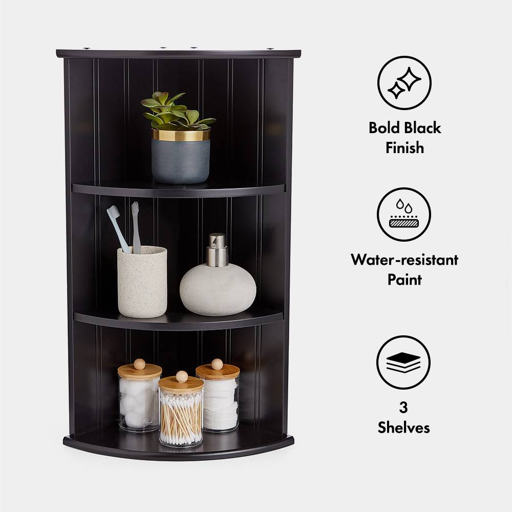 VonHaus Corner Shelf Unit - Black 3 Tier Bathroom Shelving - Freestanding or Wall Mounted Display Shelves & Decor Stand - Tongue & Groove Modern - Image 3