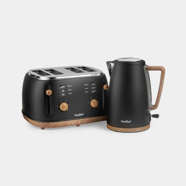 Fika Black & Wood Kettle & 4 Slice Toaster Set