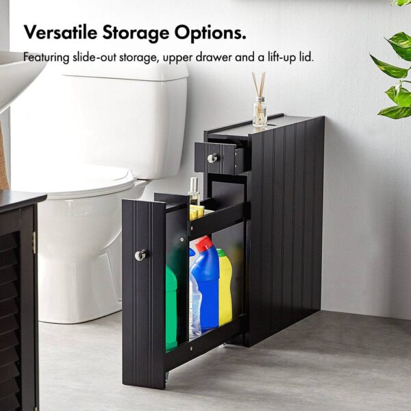 VonHaus Slim Bathroom Storage Unit - Small Black Slimline Bathroom Cabinet, Tongue & Groove - Narrow & Compact Freestanding Bathroom Organiser - Image 2