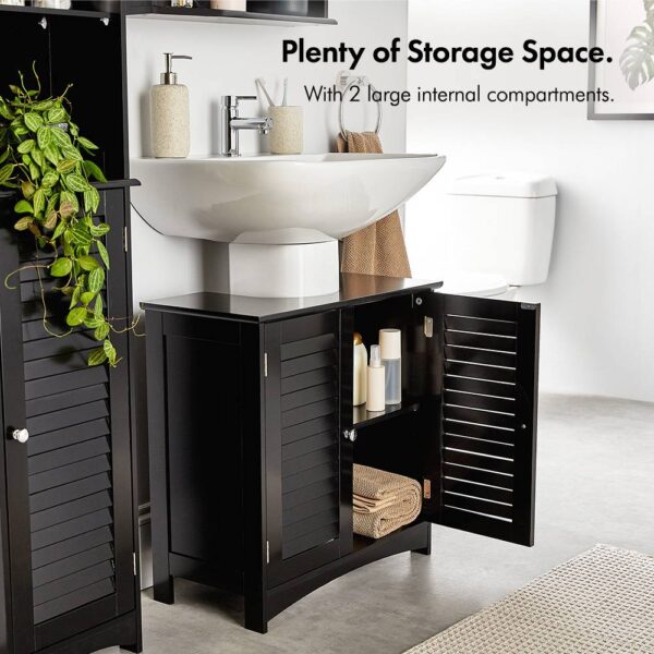 VonHaus Under Sink Bathroom Cabinet – Black Under Sink Storage for Bathroom - Freestanding Under Basin Cabinet with 2 Internal Shelves & Shutter Style - Image 2