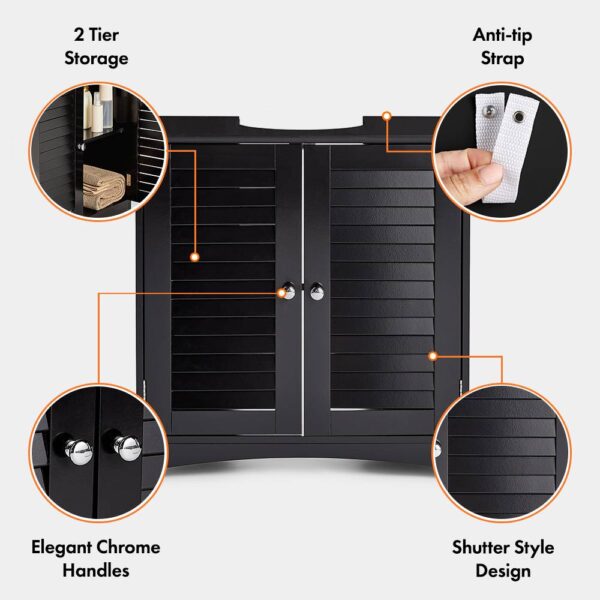 VonHaus Under Sink Bathroom Cabinet – Black Under Sink Storage for Bathroom - Freestanding Under Basin Cabinet with 2 Internal Shelves & Shutter Style - Image 4