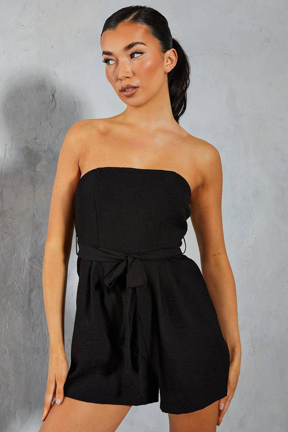 Womens Linen Look Bandeau Pocket Detail Playsuit - black - 8, Black