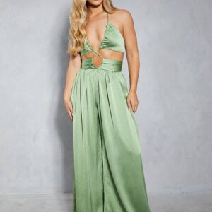 Womens Textured Satin Strappy Cut Out Jumpsuit - olive - 8, Olive