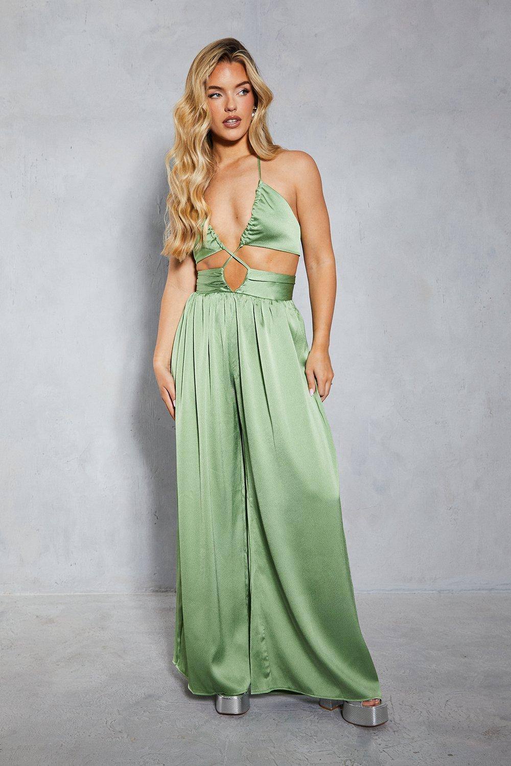 Womens Textured Satin Strappy Cut Out Jumpsuit - olive - 12, Olive