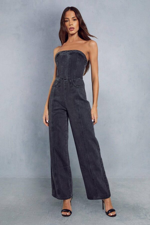 Womens Bandeau Denim Wide Leg Jumpsuit - washed black - 12, Washed Black