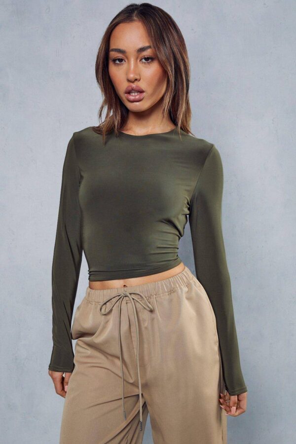 Womens Slinky Double Layer Long Sleeve Top - khaki - 8, Khaki