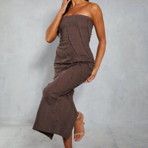 Womens Denim Seam Detail Maxi Column Dress - chocolate - 6, Chocolate