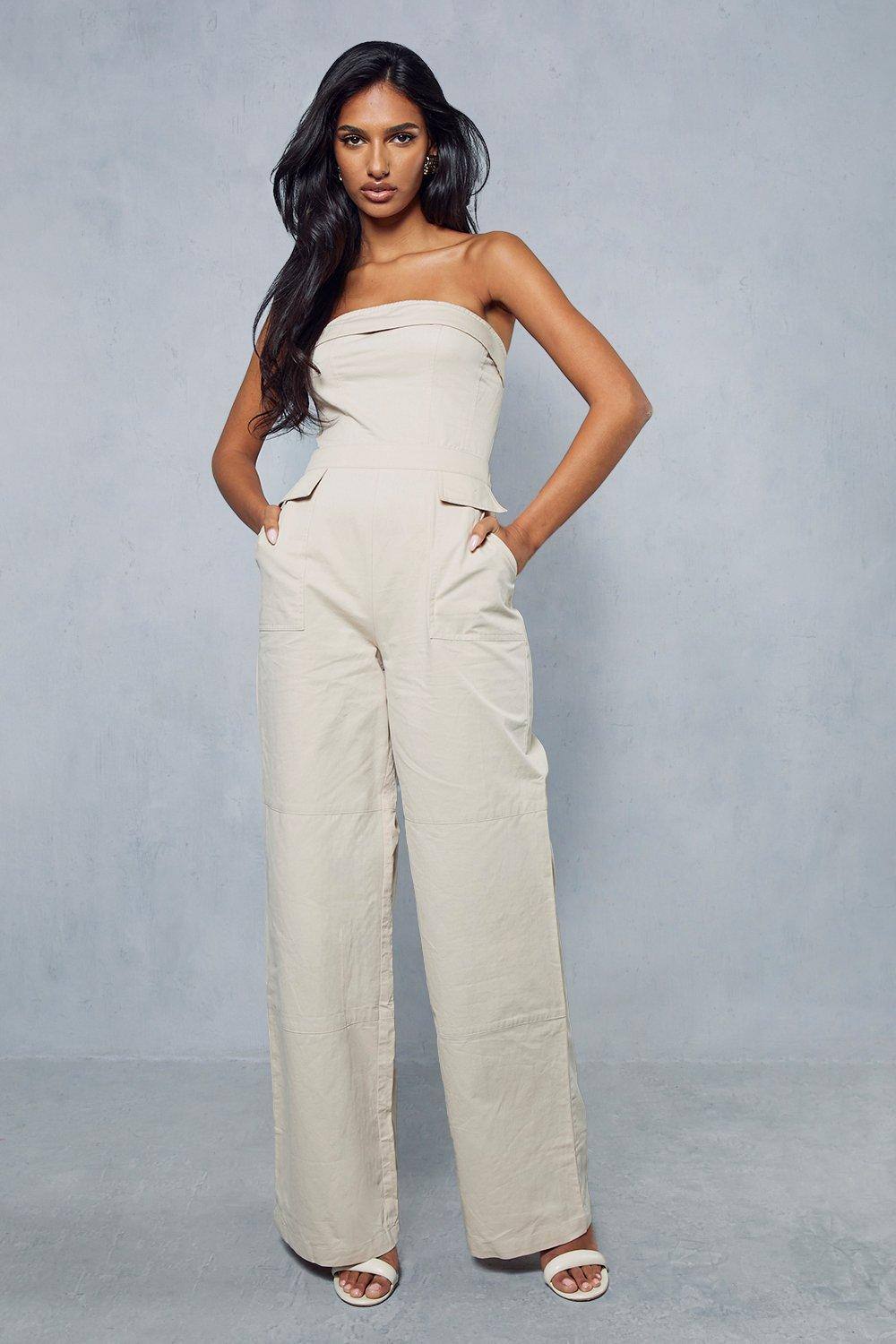 Womens Utility Detail Bandeau Wide Leg Jumpsuit - stone - 12, Stone
