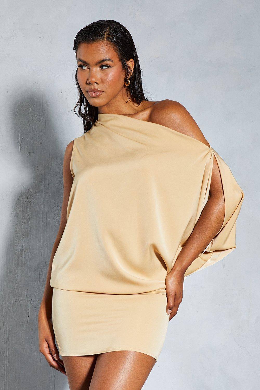 Womens Satin Off Shoulder Asymmetric Bodycon Mini Dress - bronze - 8, Bronze