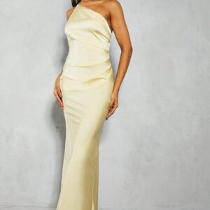 Womens Satin Asymmetric Strap Pleated Waist Low Back Maxi Dress - yellow - 16, Yellow