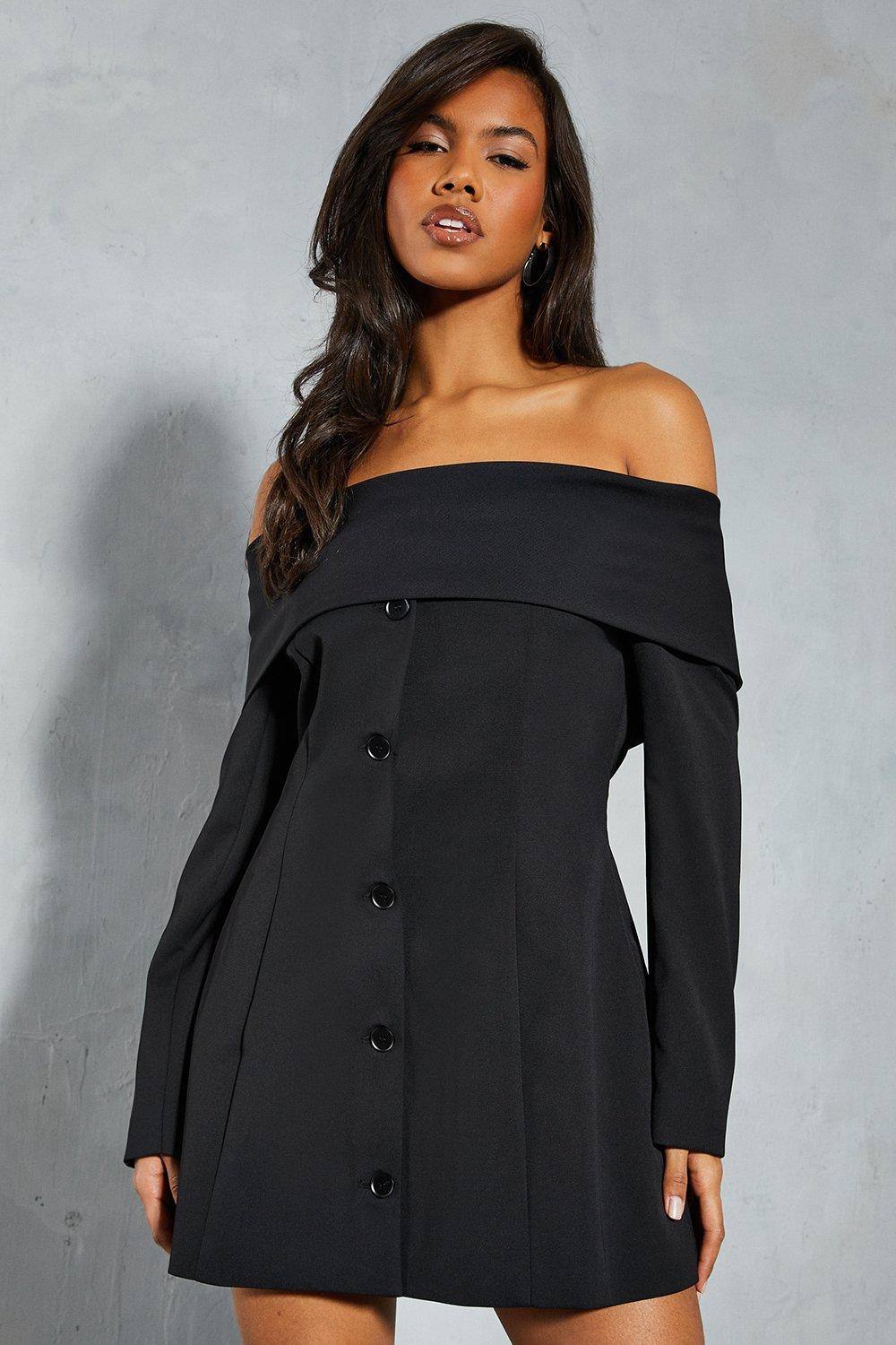 Womens Tailored Bardot Blazer Mini Dress - black - 8, Black