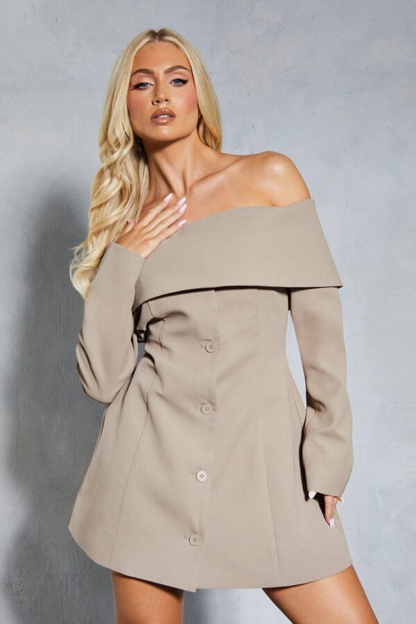 Womens Tailored Bardot Blazer Mini Dress - taupe - 6, Taupe