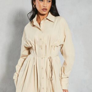 Womens Poplin Pleated Detail Shirt Dress - stone - 6, Stone