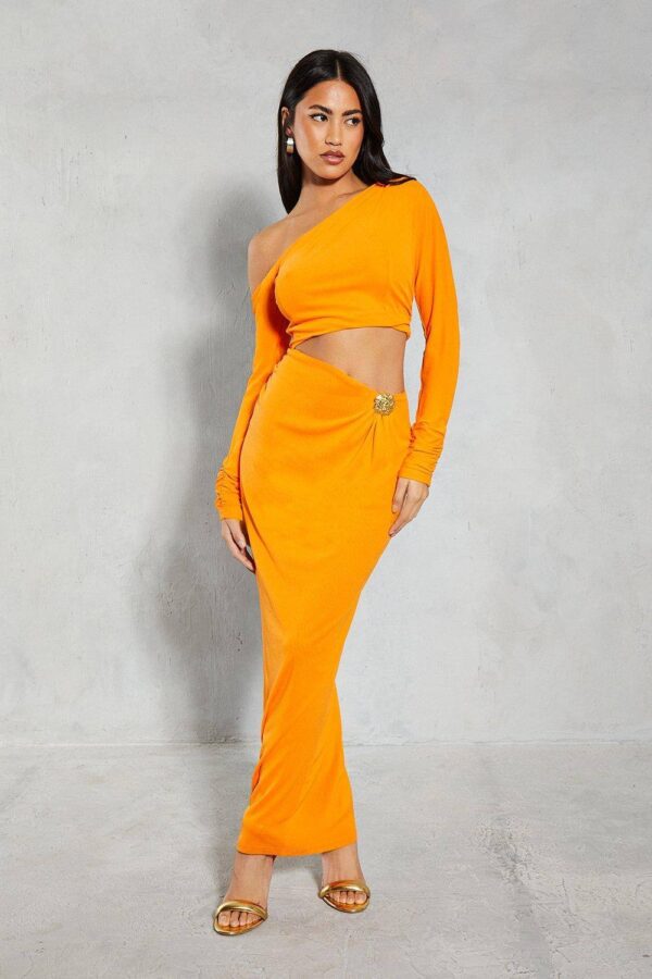 Womens Mesh Hammered Gold Trim Off Shoulder Maxi Dress - orange - 6, Orange