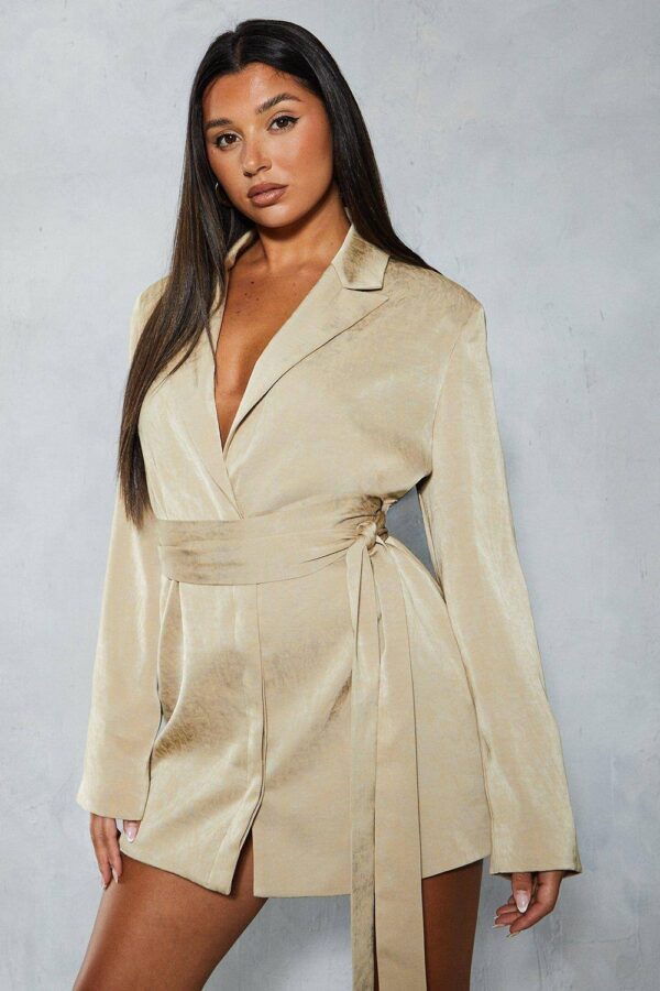 Womens Premium Hammered Satin Belted Blazer Mini Dress - bronze - 10, Bronze