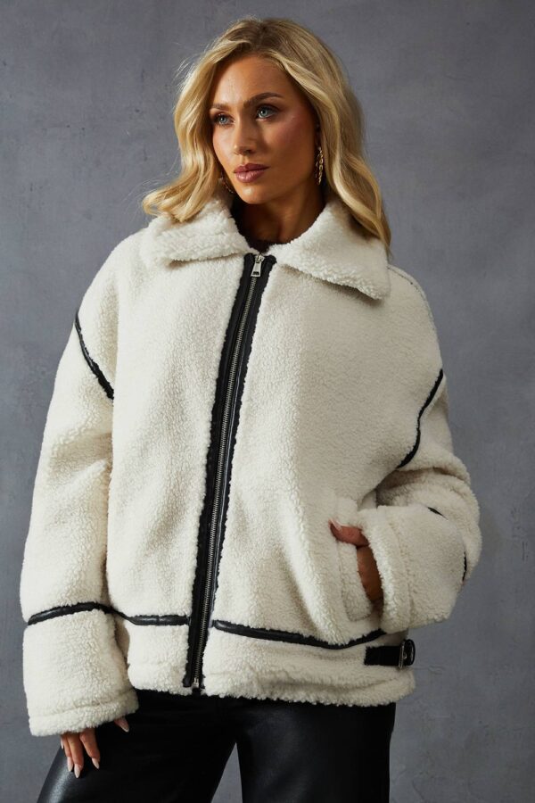 Womens Teddy Faux Fur Aviator Jacket - cream - M, Cream