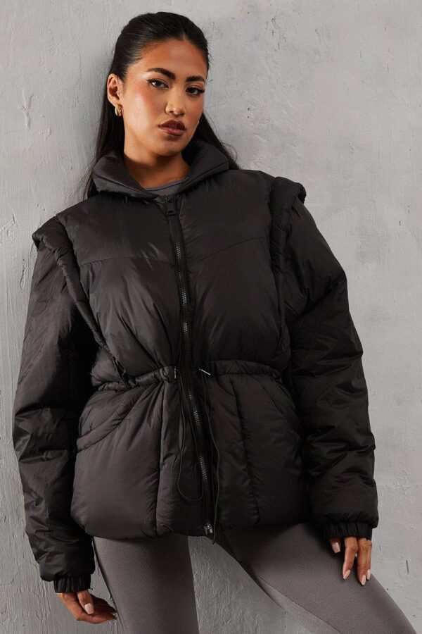 Womens Detachable Sleeve Two In One Puffer Coat - black - 12, Black