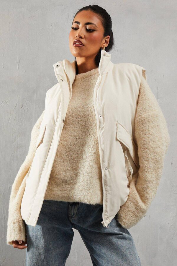 Womens Padded Puffer Zip Pocket Gilet - cream - 10, Cream