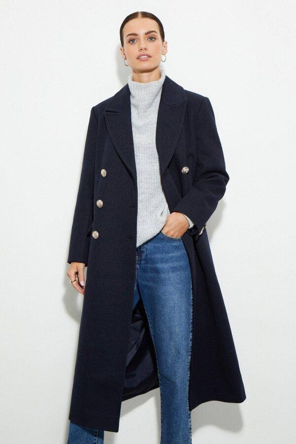 Womens Petite Military Double Breasted Maxi Coat - Navy - 8