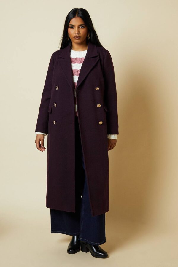 Womens Petite Military Double Breasted Maxi Coat - Wine - 12