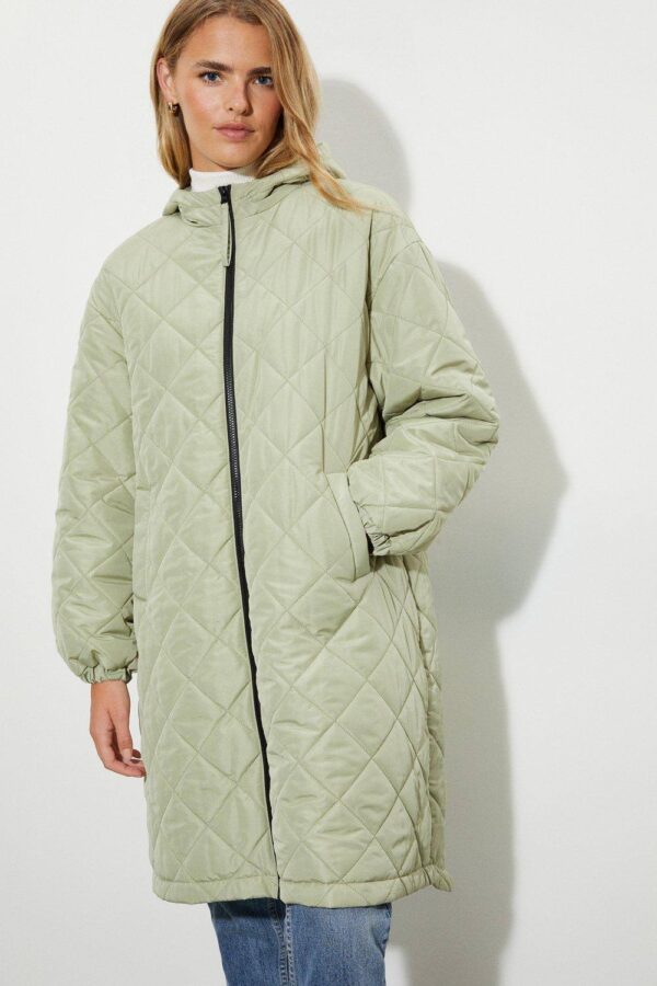 Womens Oversized Hooded Diamond Quilted Parka Coat - Sage - XL