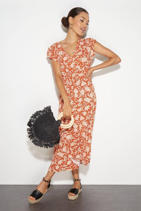 Womens Petite Floral Ruffle Sleeve Button Midi Dress - Rust - 6