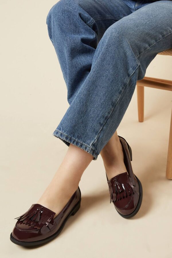 Womens Wide Fit Leigh Fringe Loafers - Oxblood - 3