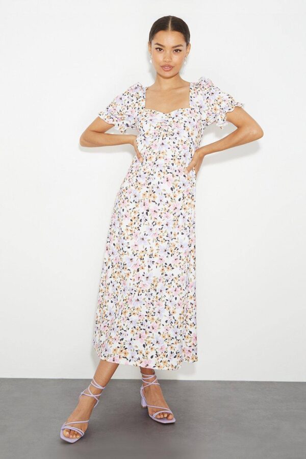 Womens Petite Floral Sweetheart Puff Midi Dress - 12