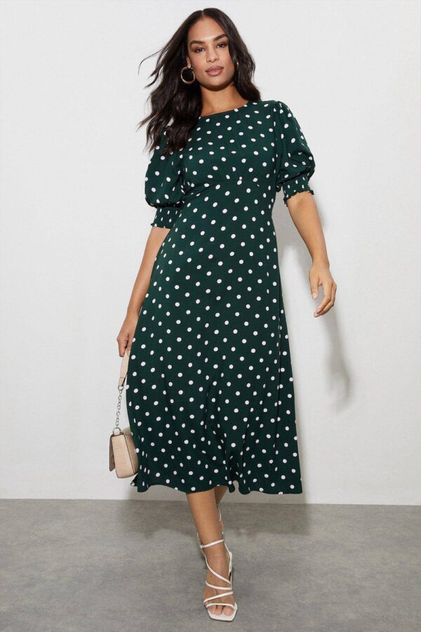 Womens Green Spot Shirred Cuff Midi Dress - 8