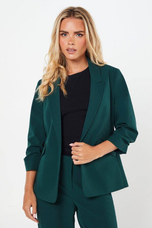 Womens Petite Ruched Sleeve Blazer - Forest - 10