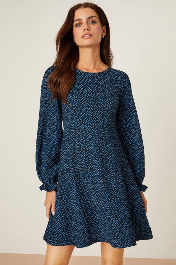 Womens Petite Blue Spot Printed Mini Dress - 8