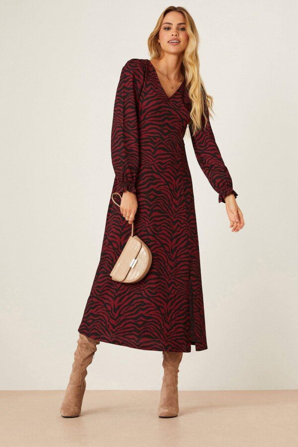 Womens Berry Zebra V Neck Midi Dress - 8