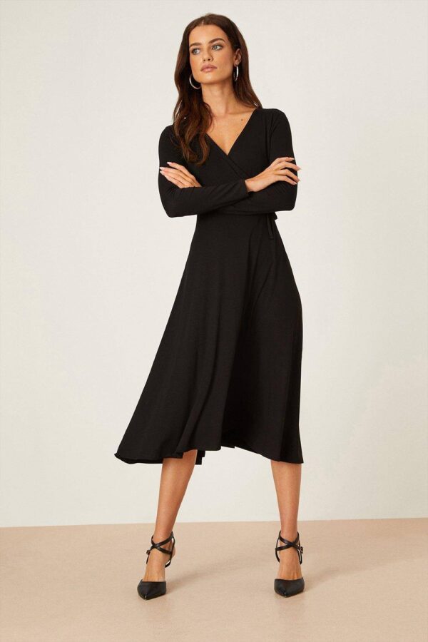 Womens Petite Black Long Sleeve Wrap Midi Dress - 6