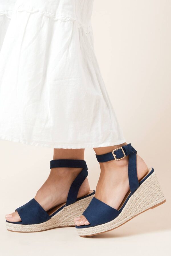 Womens Wide Fit Rebekah Peep Toe Espadrille Wedge Sandals - Navy - 6