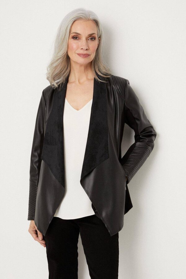 Womens Black Faux Leather Waterfall Jacket