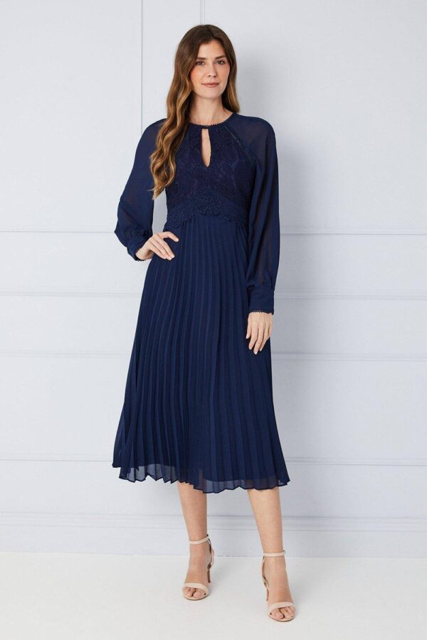 Womens Occasion Lace Insert Pleated Midi Dress