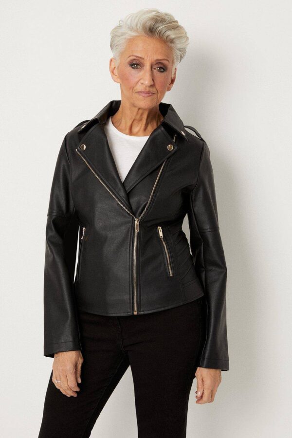 Womens Petite Black Faux Leather Biker Jacket