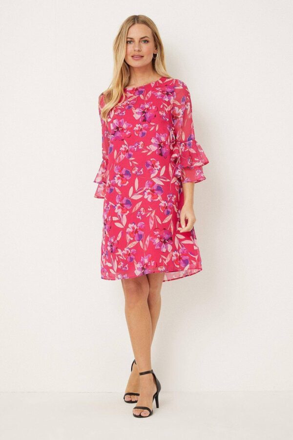 Womens Petite Pink Watercolour Floral Ruffle Sleeve Shift Dress