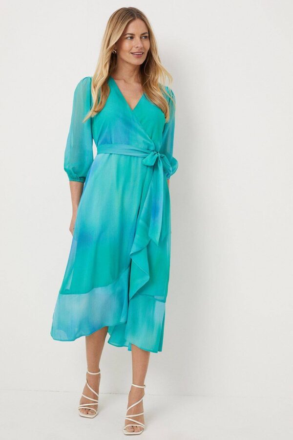 Womens Petite Green Ombre Wrap Dress