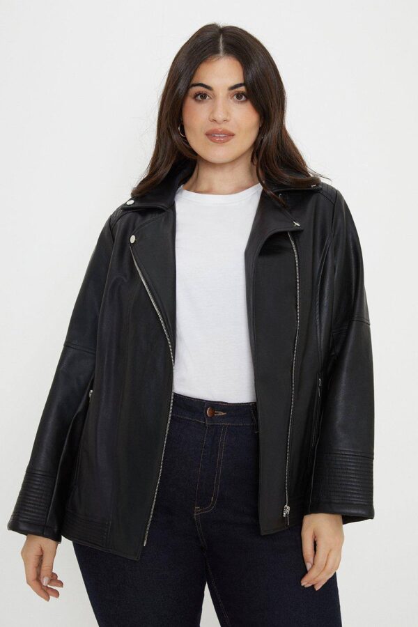 Womens Curve Black Faux Leather Biker Jacket