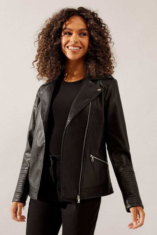 Womens Black Faux Leather Biker Jacket