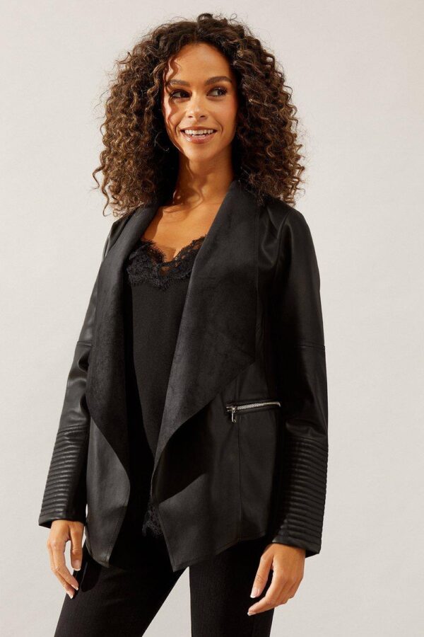 Womens Black Faux Leather Waterfall Jacket