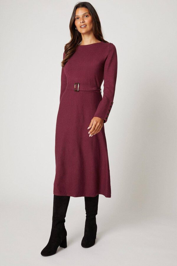 Womens Slash Neck Button Detail Belted Knitted Dress