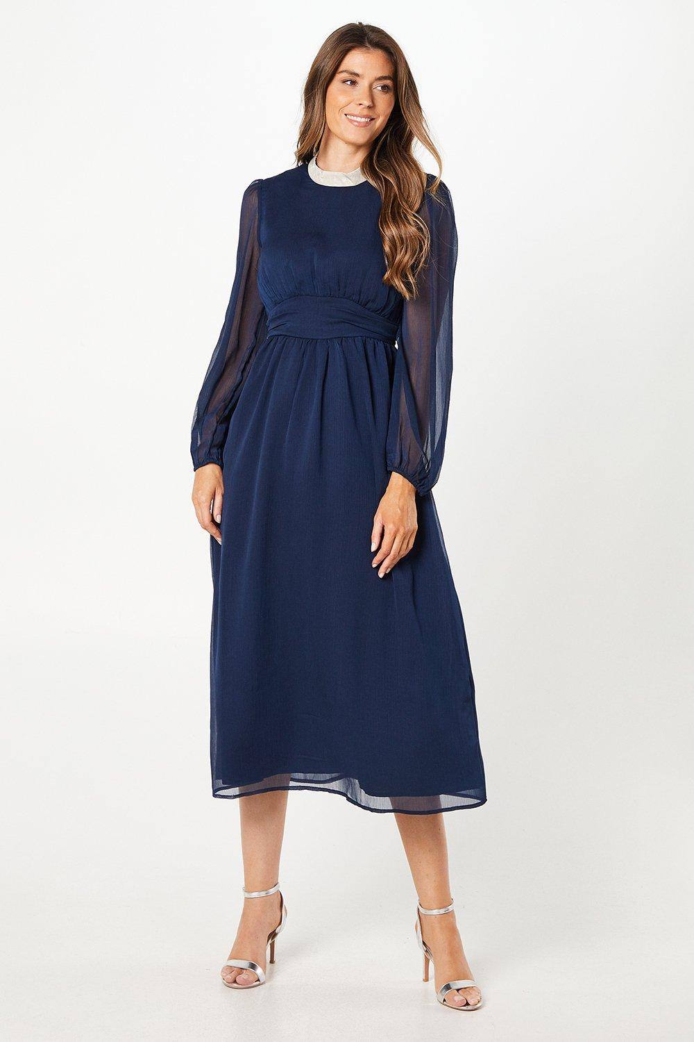 Womens Foil Trim Gathered Waist Midi Dress